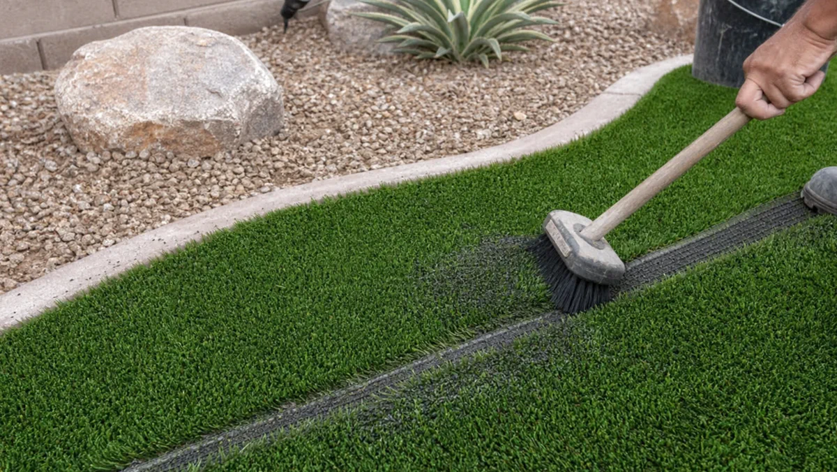 Compacted aggregate base being prepared for artificial turf in an East Valley yard